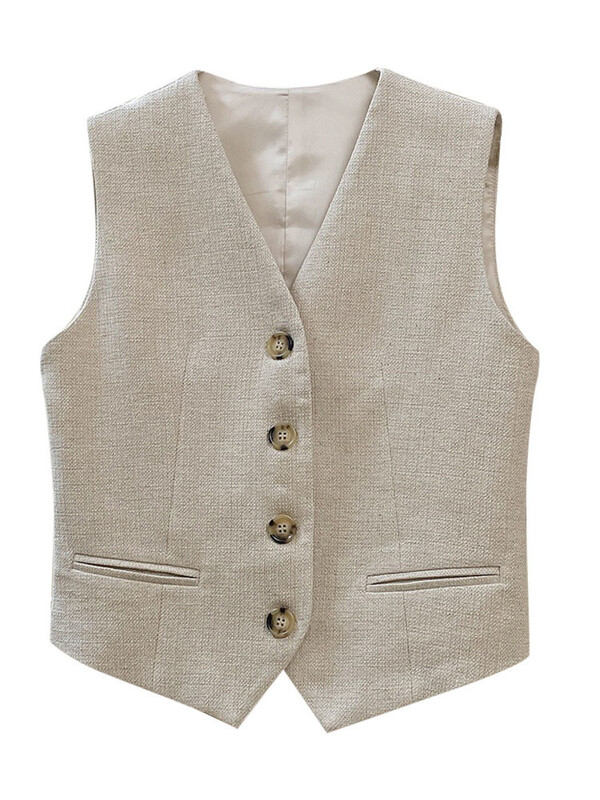 [LANMREM] Κορεάτικο λινό γιλέκο για γυναίκες άνοιξη 2024 Νέο με μασίφ λαιμόκοψη V, αμάνικο μονόστομο vintage γυναικεία μπουφάν