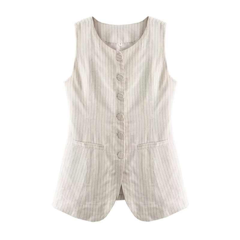 ZAURA 2024 Novi ženski prsluk s dugim odijelom na pruge s okruglim izrezom