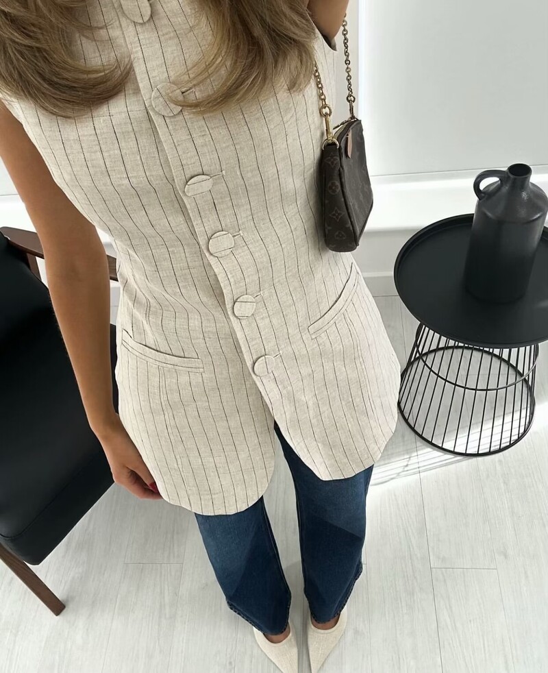 ZAURA 2024 Novi ženski prsluk s dugim odijelom na pruge s okruglim izrezom