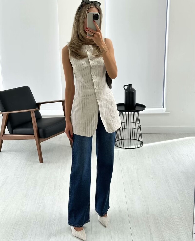 ZAURA 2024 Novi ženski prsluk s dugim odijelom na pruge s okruglim izrezom