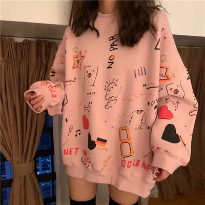 Hanorace pentru femei Pulovere graffiti Topuri cu mâneci lungi largi Moda feminină Streetwear 2024, primăvară toamnă, hanorace casual