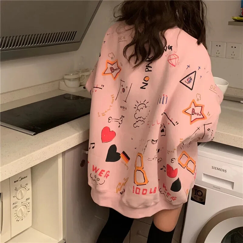 Ženske majice s kratkim rukavima Puloveri s grafitima Široki dugi rukavi Ženska modna ulična odjeća 2024. Proljeće Jesen Ležerne majice s kapuljačom