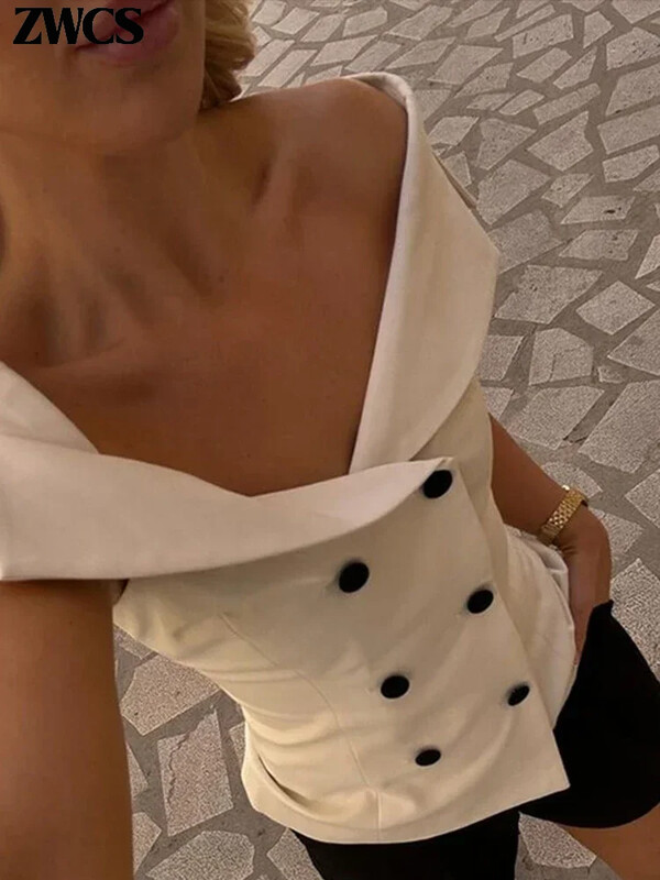 Κομψό γυναικείο γιλέκο με διπλό στήθος, σέξι λεπτό αμάνικο γιλέκο 2024 Καλοκαίρι φθινόπωρο Γυναικεία μπλουζάκια μόδας Streetwear