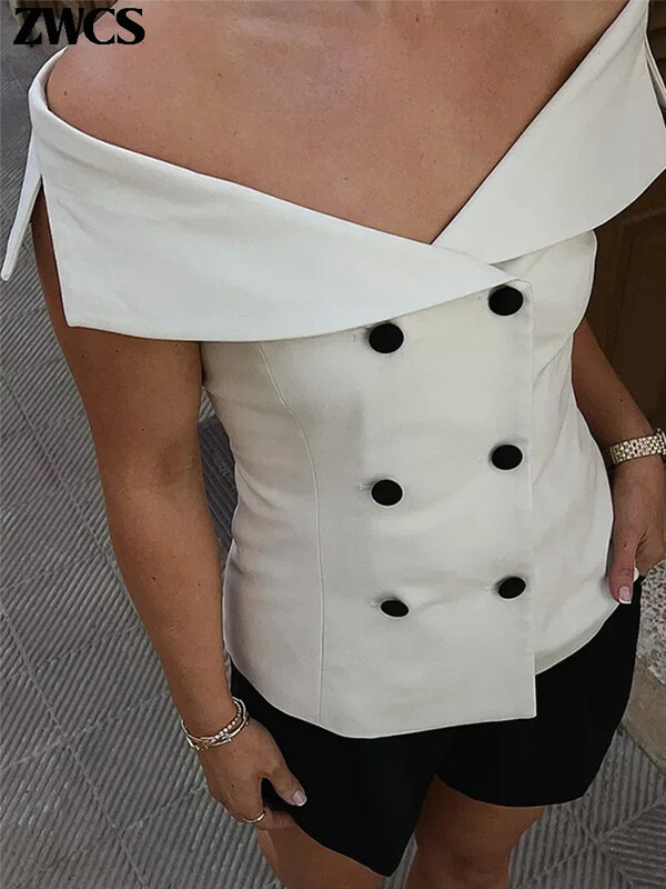 Κομψό γυναικείο γιλέκο με διπλό στήθος, σέξι λεπτό αμάνικο γιλέκο 2024 Καλοκαίρι φθινόπωρο Γυναικεία μπλουζάκια μόδας Streetwear