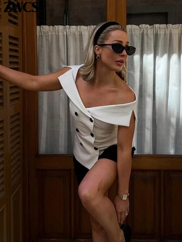 Κομψό γυναικείο γιλέκο με διπλό στήθος, σέξι λεπτό αμάνικο γιλέκο 2024 Καλοκαίρι φθινόπωρο Γυναικεία μπλουζάκια μόδας Streetwear