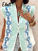 Ženski prsluk s V izrezom s vintage printom Elegantni ženski dugi prsluk s jednim kopčanjem bez rukava Ženska jesen 2024. Ženska široka ulična odjeća