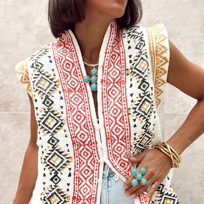 Ženski prsluk s V izrezom s vintage printom Elegantni ženski dugi prsluk s jednim kopčanjem bez rukava Ženska jesen 2024. Ženska široka ulična odjeća