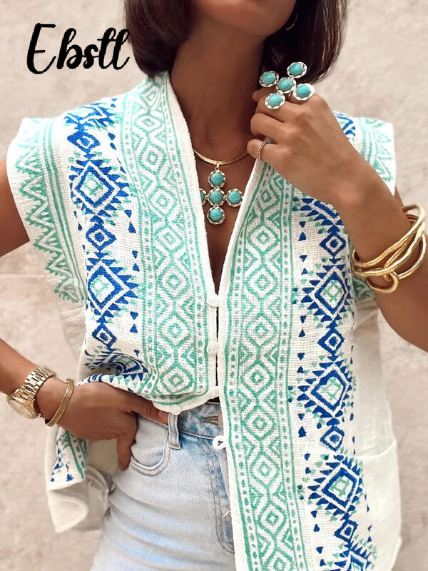 Ženski prsluk s V izrezom s vintage printom Elegantni ženski dugi prsluk s jednim kopčanjem bez rukava Ženska jesen 2024. Ženska široka ulična odjeća