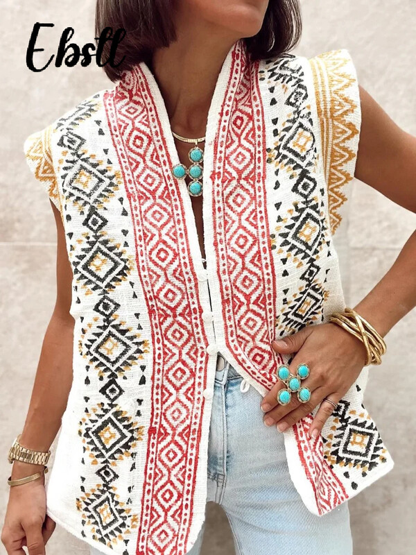 Ženski prsluk s V izrezom s vintage printom Elegantni ženski dugi prsluk s jednim kopčanjem bez rukava Ženska jesen 2024. Ženska široka ulična odjeća