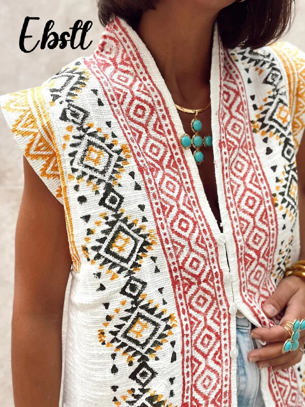 Ženski prsluk s V izrezom s vintage printom Elegantni ženski dugi prsluk s jednim kopčanjem bez rukava Ženska jesen 2024. Ženska široka ulična odjeća