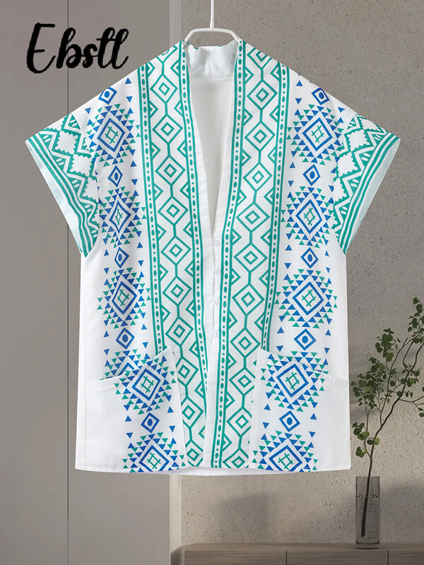 Ženski prsluk s V izrezom s vintage printom Elegantni ženski dugi prsluk s jednim kopčanjem bez rukava Ženska jesen 2024. Ženska široka ulična odjeća