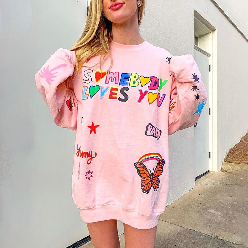 Casual Pink Letter Print Γυναικεία φούτερ με φαρδιά κουκούλα Hoodie hip-hop πολυχρηστικά μπλουζάκια για κορίτσια μακριά μανίκια Sports Streetwea