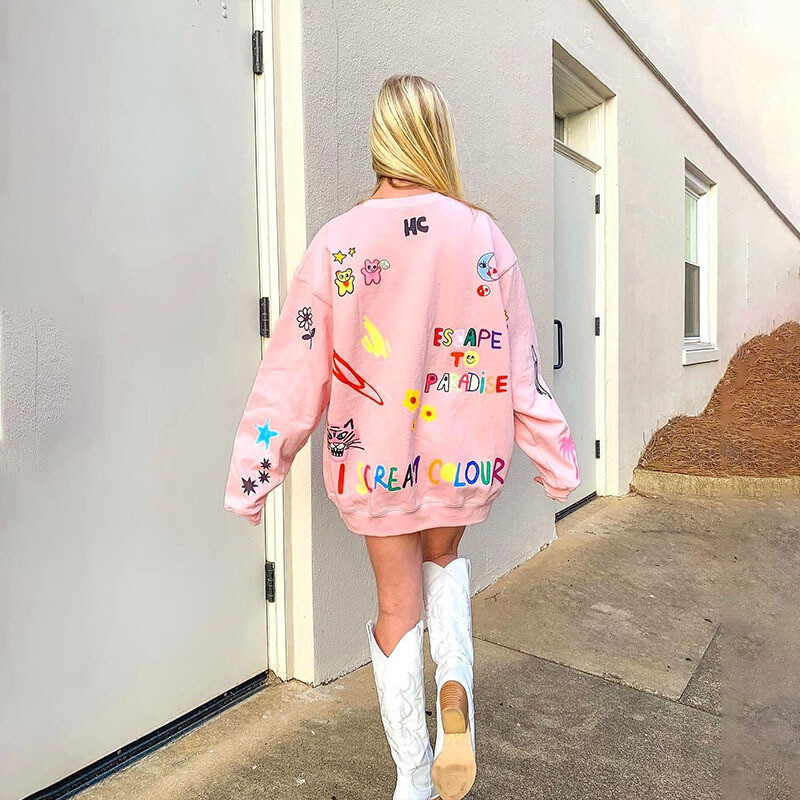 Casual Pink Letter Print Γυναικεία φούτερ με φαρδιά κουκούλα Hoodie hip-hop πολυχρηστικά μπλουζάκια για κορίτσια μακριά μανίκια Sports Streetwea