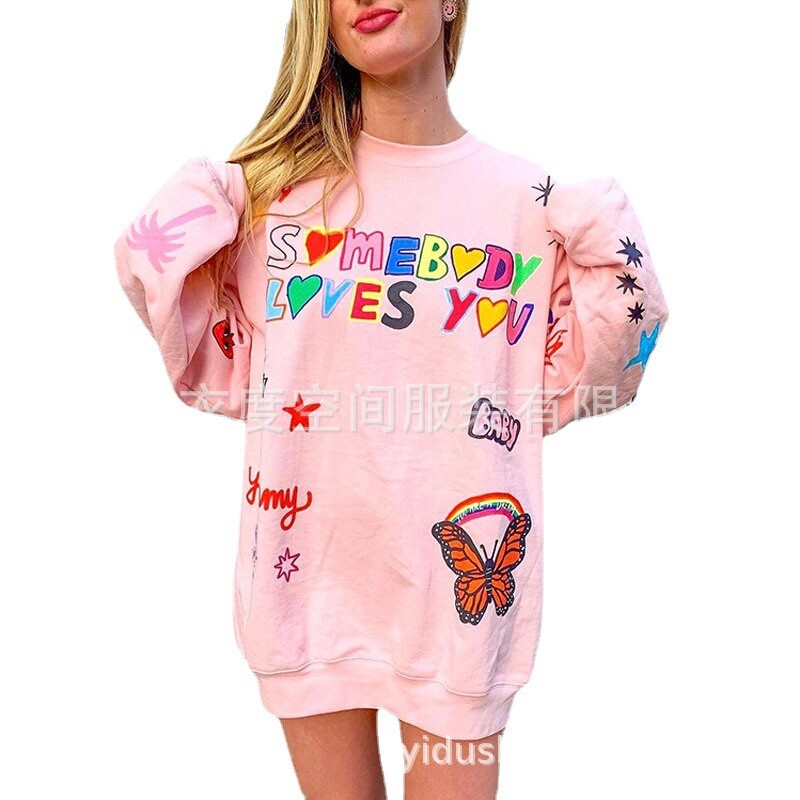 Casual Pink Letter Print Γυναικεία φούτερ με φαρδιά κουκούλα Hoodie hip-hop πολυχρηστικά μπλουζάκια για κορίτσια μακριά μανίκια Sports Streetwea
