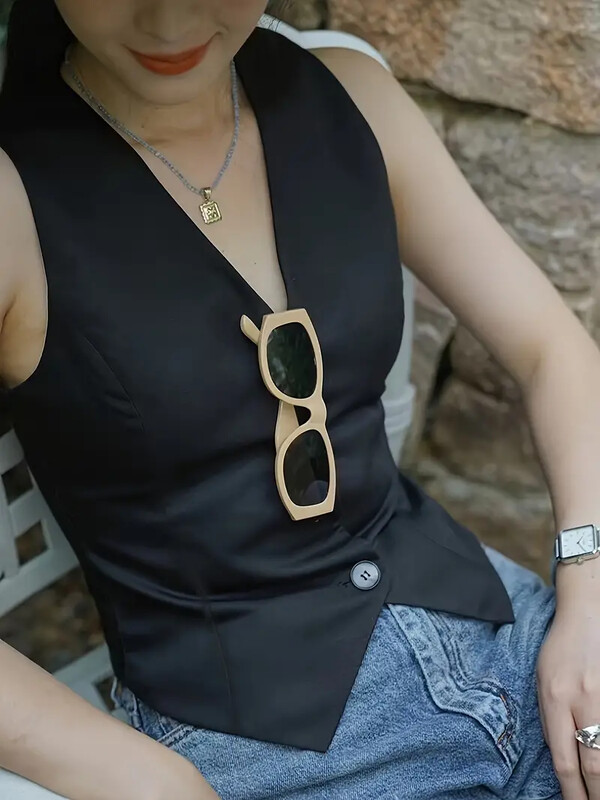 Vestă albă clasică, în stil vintage, în stil de navetist, cu vestă simplă, subțire, elegantă, cu decolteu în V, cu un singur piept