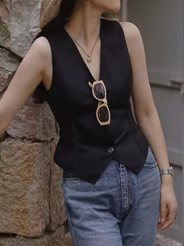 Vestă albă clasică, în stil vintage, în stil de navetist, cu vestă simplă, subțire, elegantă, cu decolteu în V, cu un singur piept