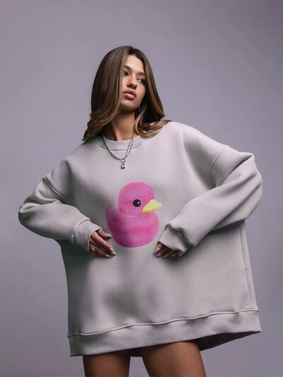 Wolfeel Oversized dressipluus avara ümmarguse kaelusega mugavad naiste trendikad vabaaja sügistalvised soojad kollased pardimustriga kapuutsid