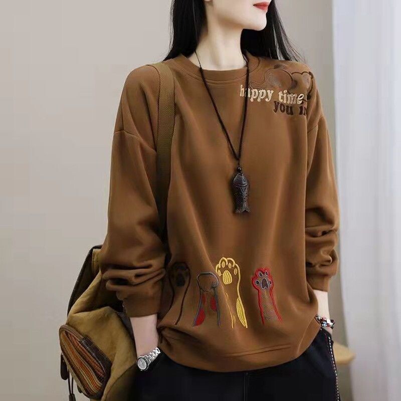 Modne široke majice s vezom iz crtića Jesen Zima Ležerne Puloveri s okruglim izrezom i dugim rukavima Ženska odjeća za sve kombinacije