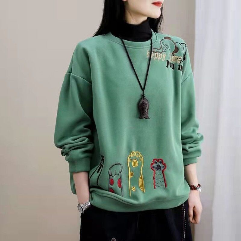 Modne široke majice s vezom iz crtića Jesen Zima Ležerne Puloveri s okruglim izrezom i dugim rukavima Ženska odjeća za sve kombinacije