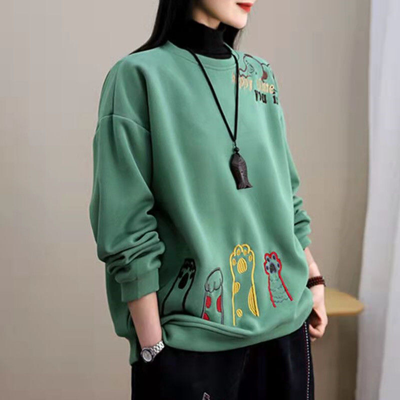 Modne široke majice s vezom iz crtića Jesen Zima Ležerne Puloveri s okruglim izrezom i dugim rukavima Ženska odjeća za sve kombinacije