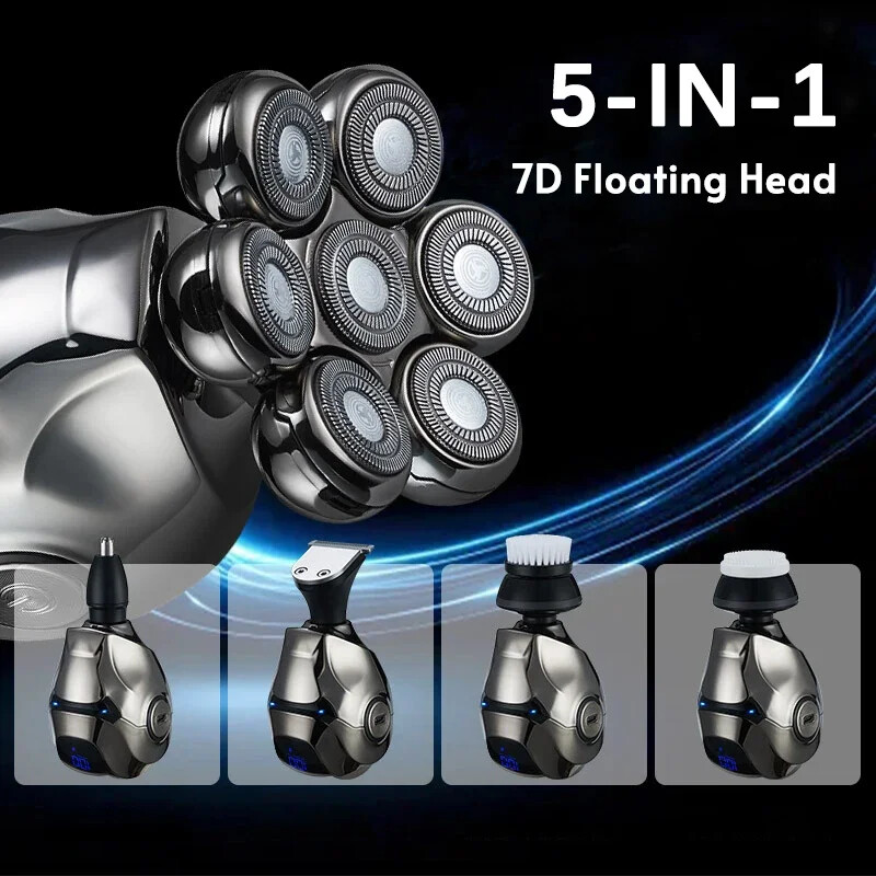 5-U-1 Muški punjivi električni brijač za ćelavu glavu 7D plutajuća oštrica Glava Brada Nos Uho Trimer za dlake Brijač Brijač Četka za lice