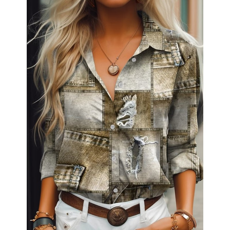 2023 Ženske vintage jesenske bluze New Feshion dugih rukava imitacija trapera Patchwork Ležerna ženska košulja 5xl Gornja odjeća