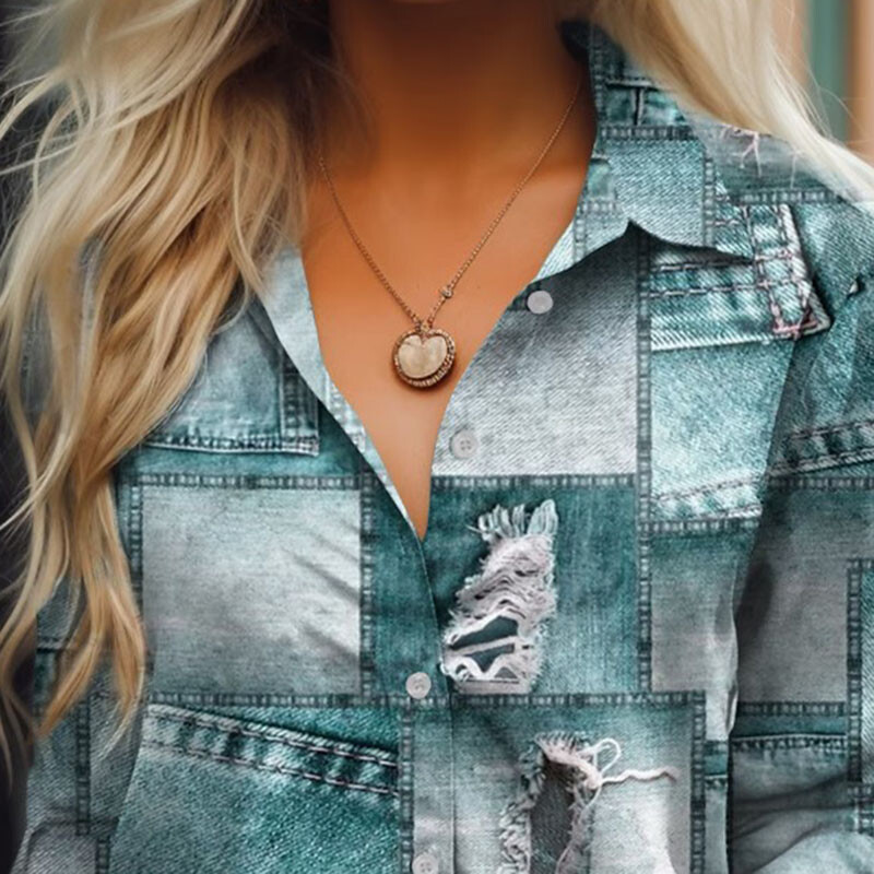 2023 Ženske vintage jesenske bluze New Feshion dugih rukava imitacija trapera Patchwork Ležerna ženska košulja 5xl Gornja odjeća