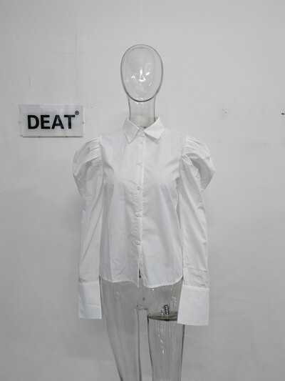 DEAT Modna ženska košulja s dugim puf rukavima i reverima, jednoredno kopčanje, bijela pamučna ravna bluza, jesen 2024. Nova plima 7AB1171