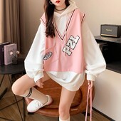 Suuremõõtmeline lahtine sügis, uus korea võlts, kaheosaline lapiline tikitud kapuuts Femme vabaaja kirjaga keskmise pikkusega naiste tshir