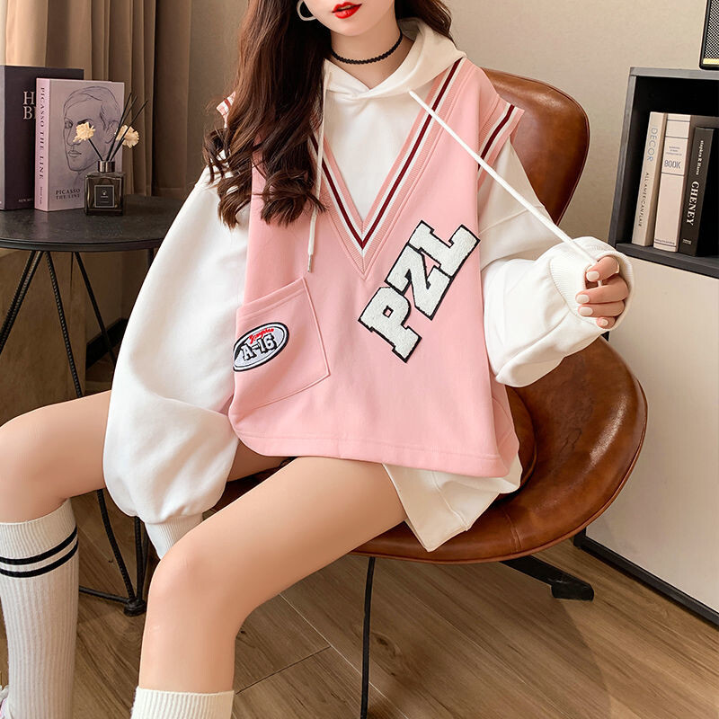 Suuremõõtmeline lahtine sügis, uus korea võlts, kaheosaline lapiline tikitud kapuuts Femme vabaaja kirjaga keskmise pikkusega naiste tshir