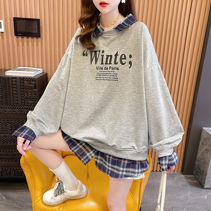 2023. aasta sügis, uus korea stiilis õhuke ruuduline kirjatrükiga Splice kaheosaline Illusion Loose Fit pikkade varrukatega naiste kampsun