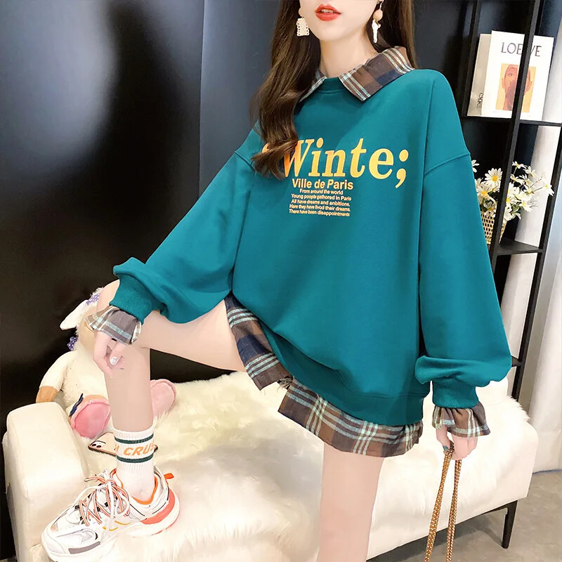 2023. aasta sügis, uus korea stiilis õhuke ruuduline kirjatrükiga Splice kaheosaline Illusion Loose Fit pikkade varrukatega naiste kampsun