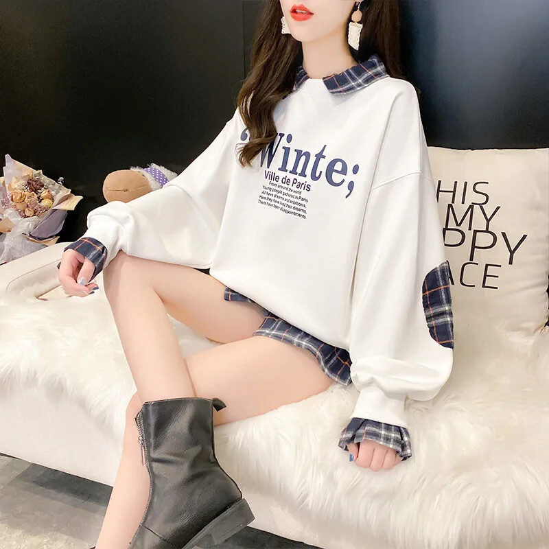 2023. aasta sügis, uus korea stiilis õhuke ruuduline kirjatrükiga Splice kaheosaline Illusion Loose Fit pikkade varrukatega naiste kampsun