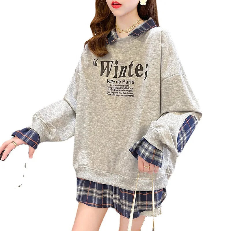 2023. aasta sügis, uus korea stiilis õhuke ruuduline kirjatrükiga Splice kaheosaline Illusion Loose Fit pikkade varrukatega naiste kampsun