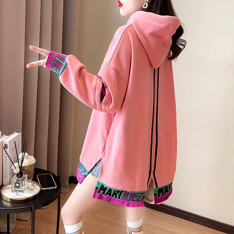 Jesen, zima, korejske široke majice s kapuljačom s otisnutim motivima, ženske svestrane patchwork debele majice dugih rukava Ženska odjeća, gornji dio srednje dužine