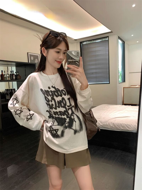 Grafiti američkih zvijezda s printom slova dugih rukava Harajuku Camiseta Tanke majice s O izrezom Prevelike ženske Y2K majice s kratkim rukavima Modne estetske majice