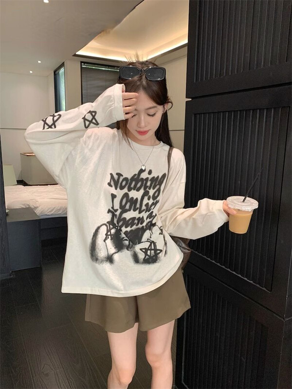 Grafiti američkih zvijezda s printom slova dugih rukava Harajuku Camiseta Tanke majice s O izrezom Prevelike ženske Y2K majice s kratkim rukavima Modne estetske majice