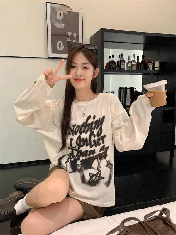 Grafiti američkih zvijezda s printom slova dugih rukava Harajuku Camiseta Tanke majice s O izrezom Prevelike ženske Y2K majice s kratkim rukavima Modne estetske majice