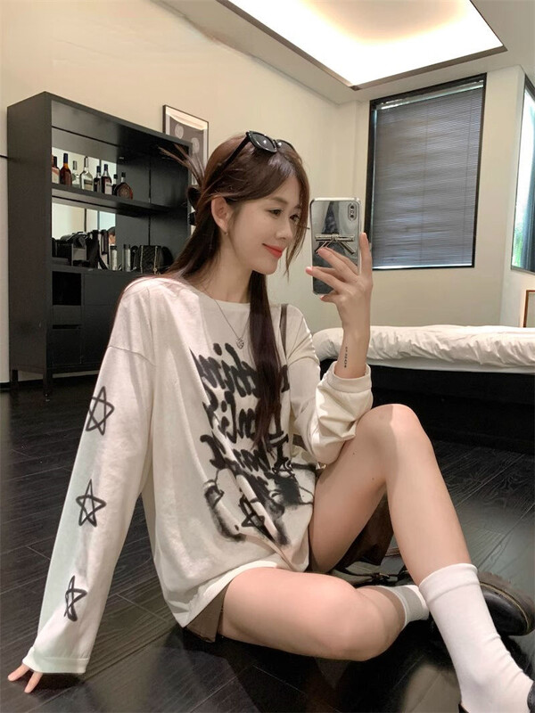 Grafiti američkih zvijezda s printom slova dugih rukava Harajuku Camiseta Tanke majice s O izrezom Prevelike ženske Y2K majice s kratkim rukavima Modne estetske majice