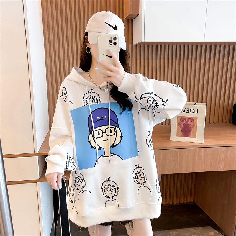 2024. aasta sügis, uus vabaajaprinteriga V-kaelusega pikkade varrukatega kapuuts Naiste riided Trendikas avara väänduv keskmise pikkusega naiste Korea t-särk