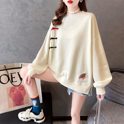 Pulover în stil chinezesc, pentru femei, cu broderie vintage, cu mânecă lungă, cu mâneci lungi, cu mâneci lungi, de modă, de primăvară, de toamnă, o cămașă de pulover casual