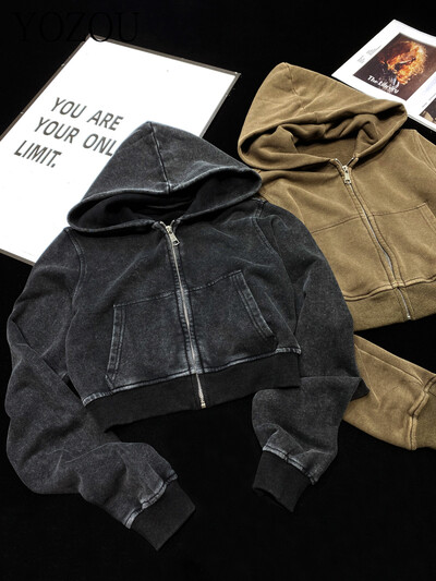 [YOZOU] Bumbac Terry Negru Maro Zip Up Hanorace decupate Hanorac Hanorac Jachete Clean Fit Îmbrăcăminte de îmbrăcăminte coreeană Kpop Top Femei