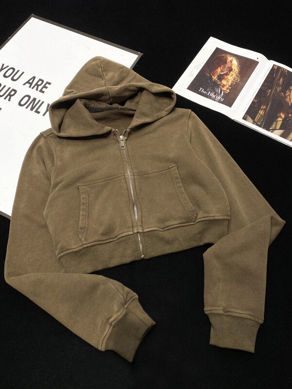 [YOZOU] Pamučni frotir Crno-smeđi Skraćene majice s kapuljačom s kapuljačom Kaput i jakne Clean Fit Outwear Korejski Kpop Top Ženski