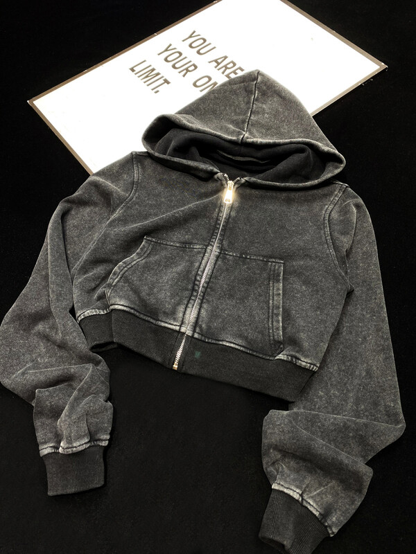 [YOZOU] Pamučni frotir Crno-smeđi Skraćene majice s kapuljačom s kapuljačom Kaput i jakne Clean Fit Outwear Korejski Kpop Top Ženski