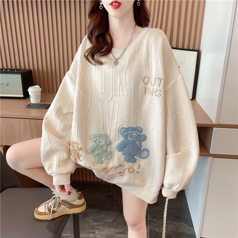 Modni Sweatshirts s O-izrezom i vezom Slovo iz crtića Ženska odjeća Jesen 2024. Nove velike ležerne majice Sweatshirts za sve