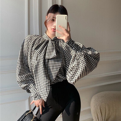 MEXZT Cămașă din șifon cu fundă din picior de gală pentru femei, vintage, elegantă, cu imprimeu, bandaj, mânecă lanternă, bluze de birou, coreeană, subțire, slăbită