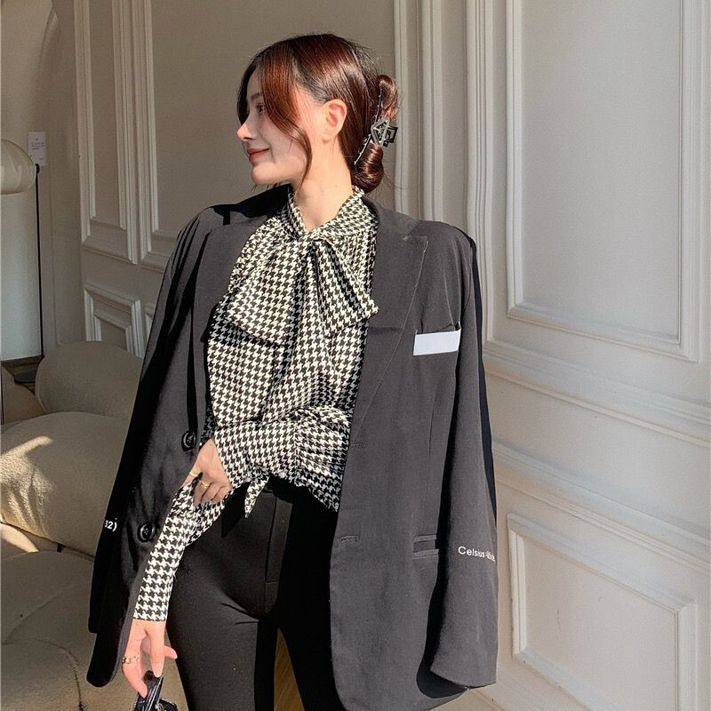 MEXZT Šifonska košulja s mašnom u obliku ptičijih zuba Ženska vintage elegantna bluza s povezima s lanternastim rukavima Uredska dama Tanka široka majica