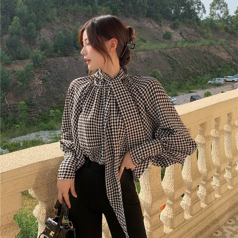 MEXZT Šifonska košulja s mašnom u obliku ptičijih zuba Ženska vintage elegantna bluza s povezima s lanternastim rukavima Uredska dama Tanka široka majica