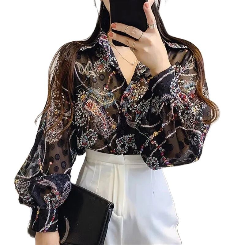 Ležerne Košulje Dugih Rukava Za Žene Proljeće/Ljeto Nova široka ženska majica s cvjetnim motivima Majica za zaštitu od sunca Šifon Majice s lanternastim rukavima