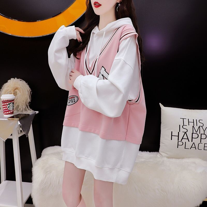 Modne preppy stilske spojene majice s kapuljačom za žene Jesen Zima Široke lažne dvodijelne majice Ženska odjeća